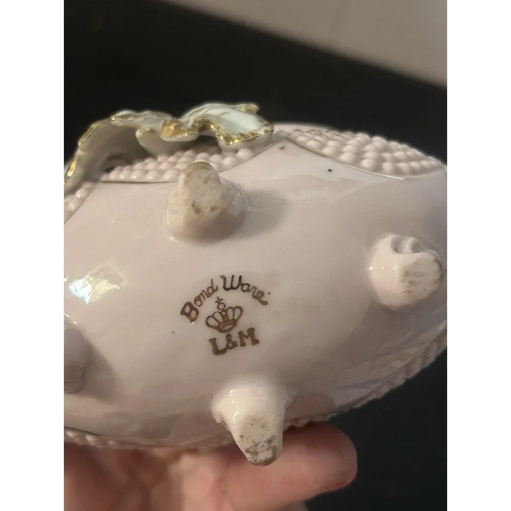 Vintage L&M Lipper & Mann Pink Porcelain Basket Floral Gold Trim Handled Decor